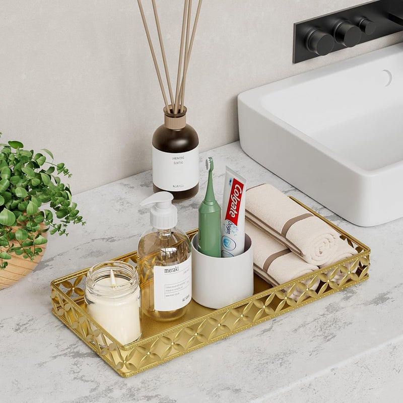 EKNITEY Bathroom Vanity Tray for Counter Organizer - 11 Inch Small Decorative Tray Gold Rectangle Countertop Tray for Perfume Makeup Cosmetic Jewelry - Image 2